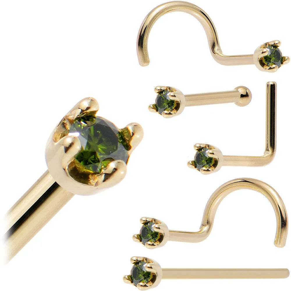 Solid 14KT Yellow Gold (May) 1.5mm Genuine Green Diamond Nose Ring