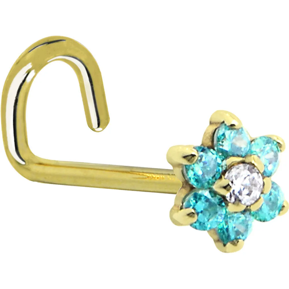Solid 14KT Yellow Gold Mint Green and Clear Cubic Zirconia Flower Nose Ring
