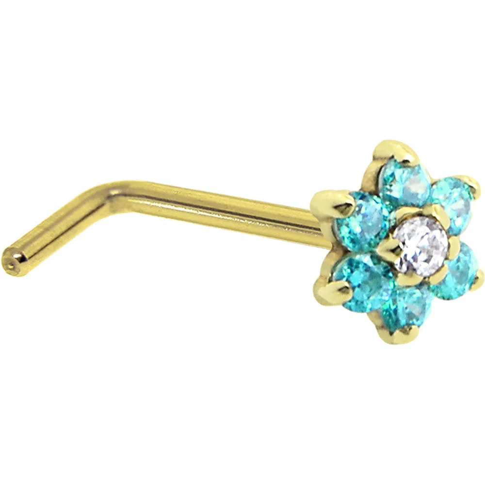 Solid 14KT Yellow Gold Mint Green and Clear Cubic Zirconia Flower Nose Ring