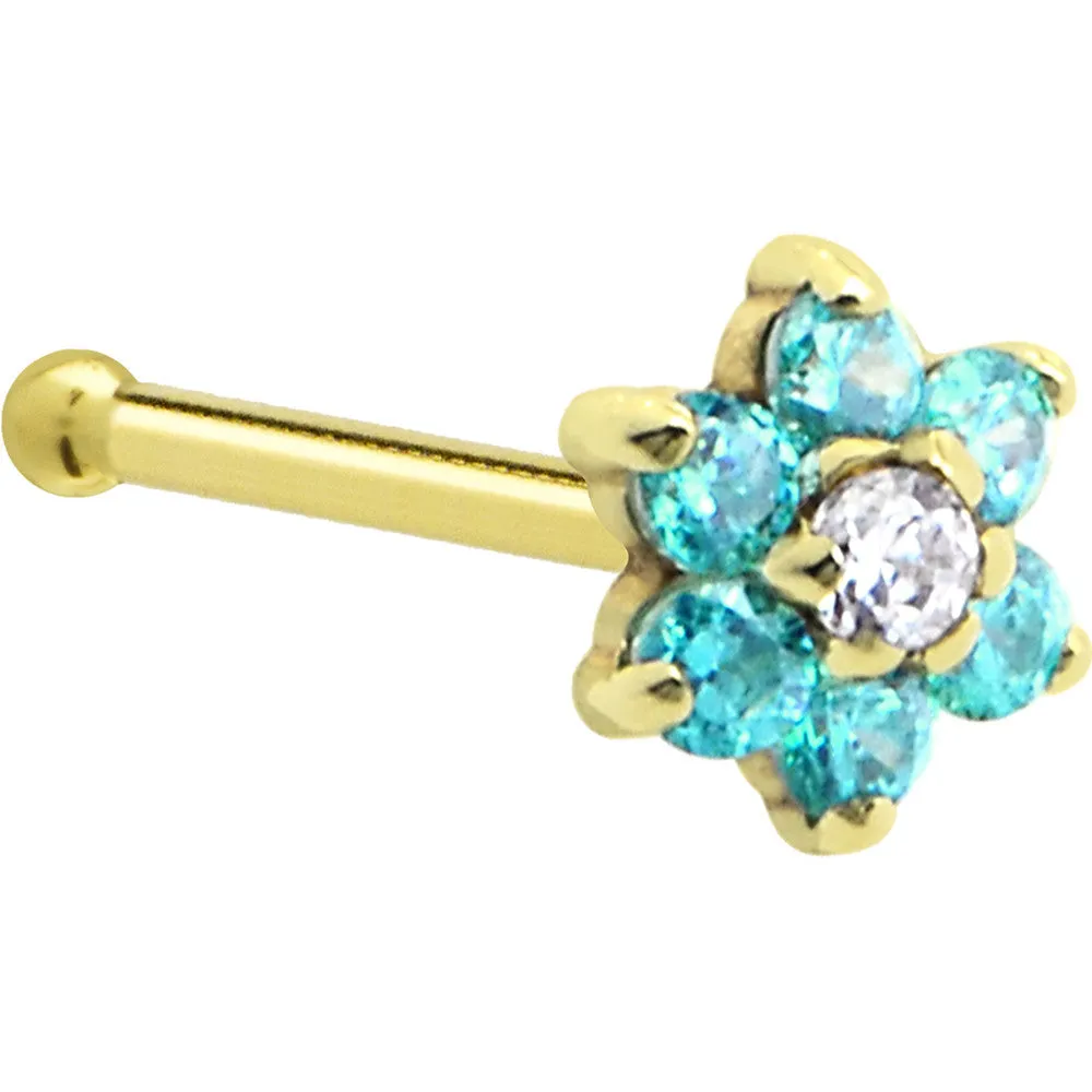 Solid 14KT Yellow Gold Mint Green and Clear Cubic Zirconia Flower Nose Ring