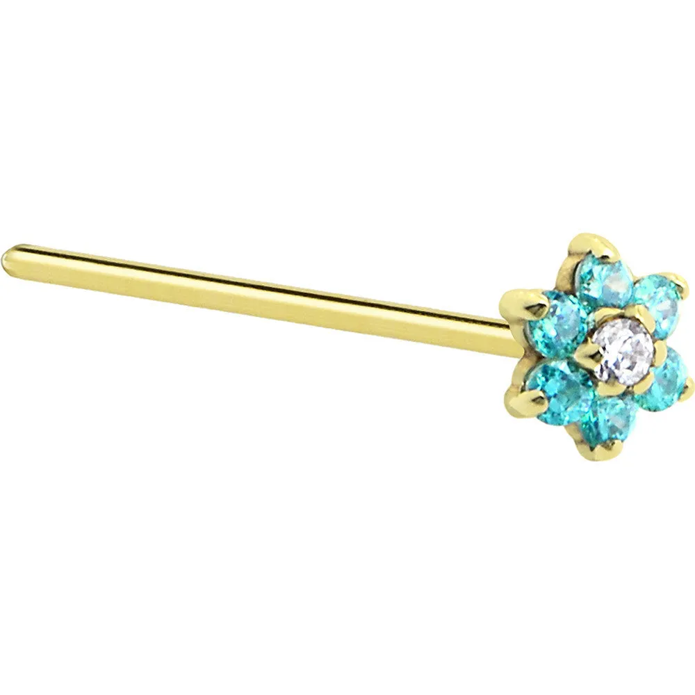Solid 14KT Yellow Gold Mint Green and Clear Cubic Zirconia Flower Nose Ring