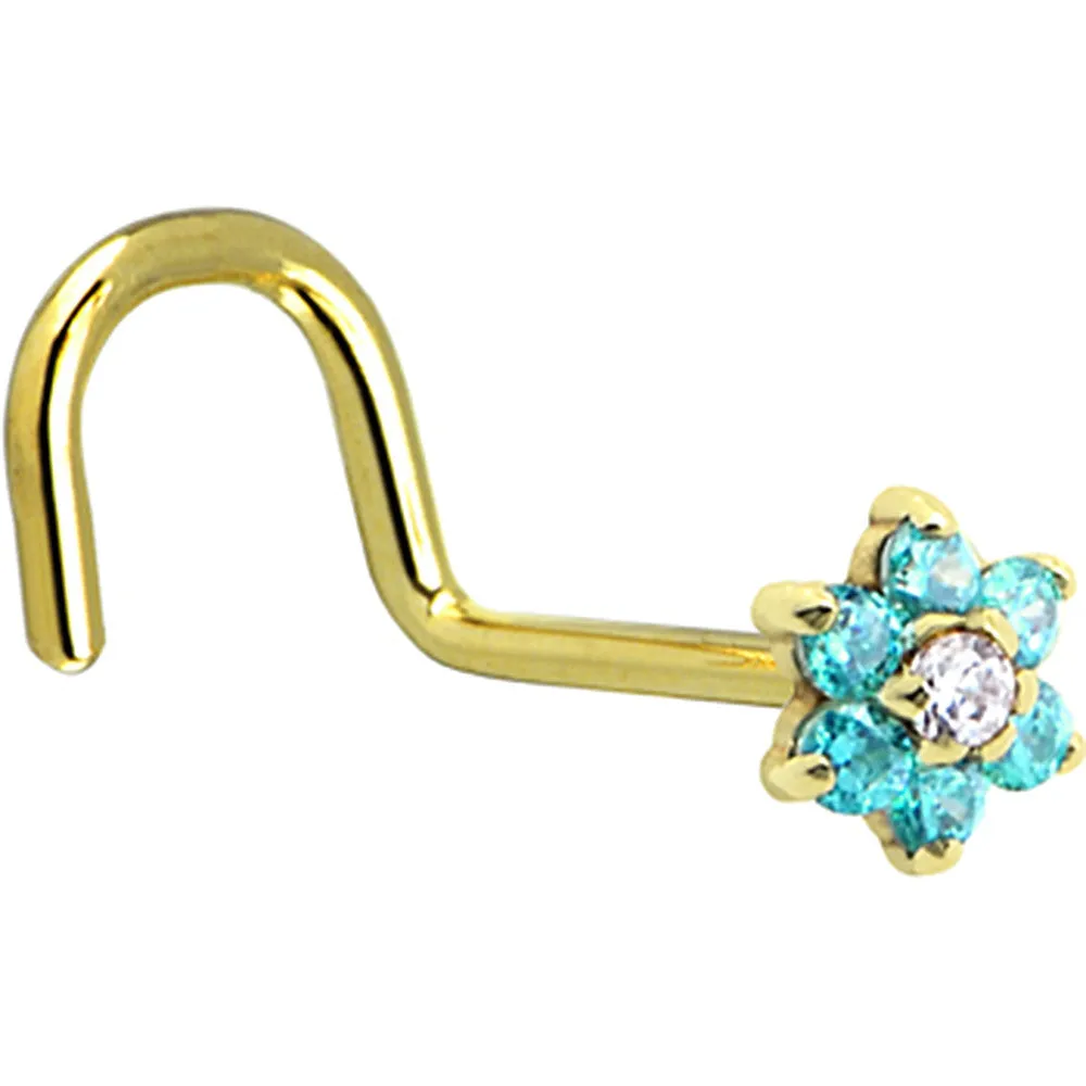 Solid 14KT Yellow Gold Mint Green and Clear Cubic Zirconia Flower Nose Ring