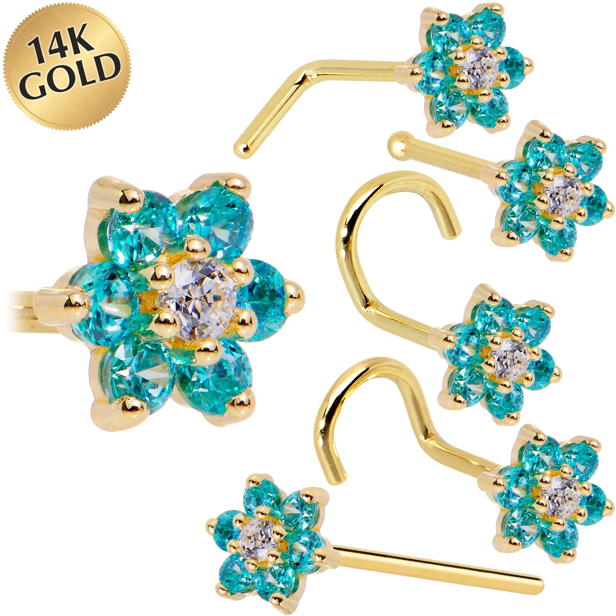 Solid 14KT Yellow Gold Mint Green and Clear Cubic Zirconia Flower Nose Ring