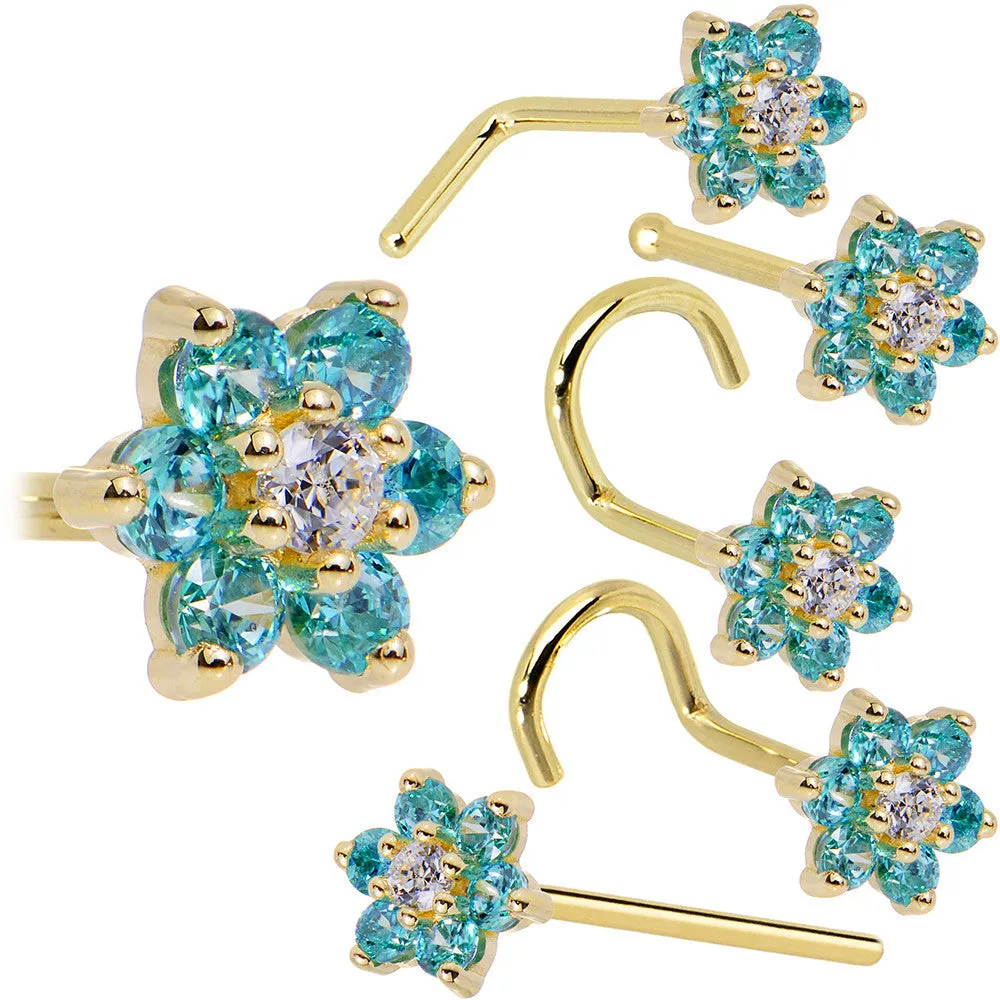 Solid 14KT Yellow Gold Mint Green and Clear Cubic Zirconia Flower Nose Ring