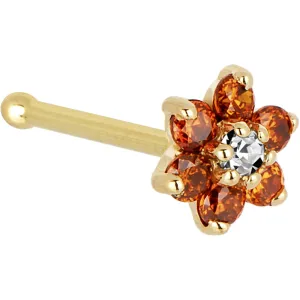 Solid 14KT Yellow Gold Orange and Clear Cubic Zirconia Flower Nose Ring