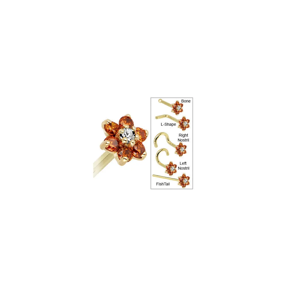 Solid 14KT Yellow Gold Orange and Clear Cubic Zirconia Flower Nose Ring