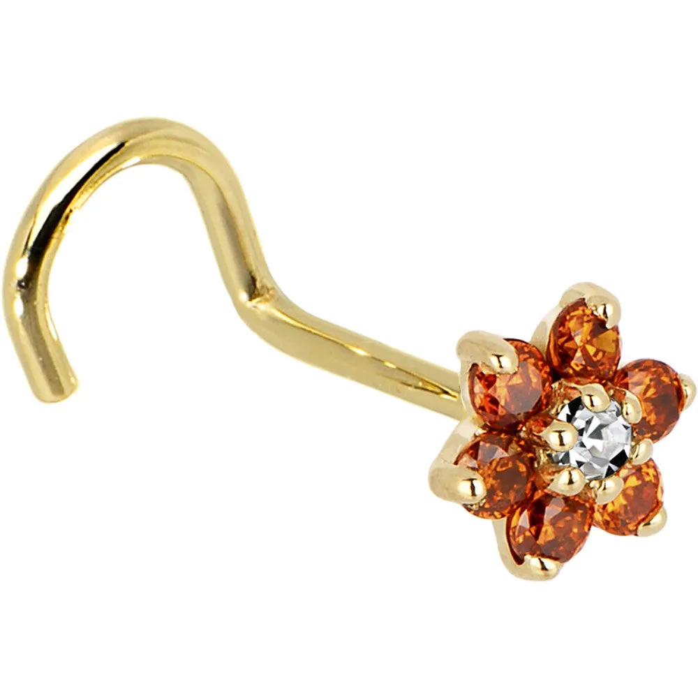 Solid 14KT Yellow Gold Orange and Clear Cubic Zirconia Flower Nose Ring
