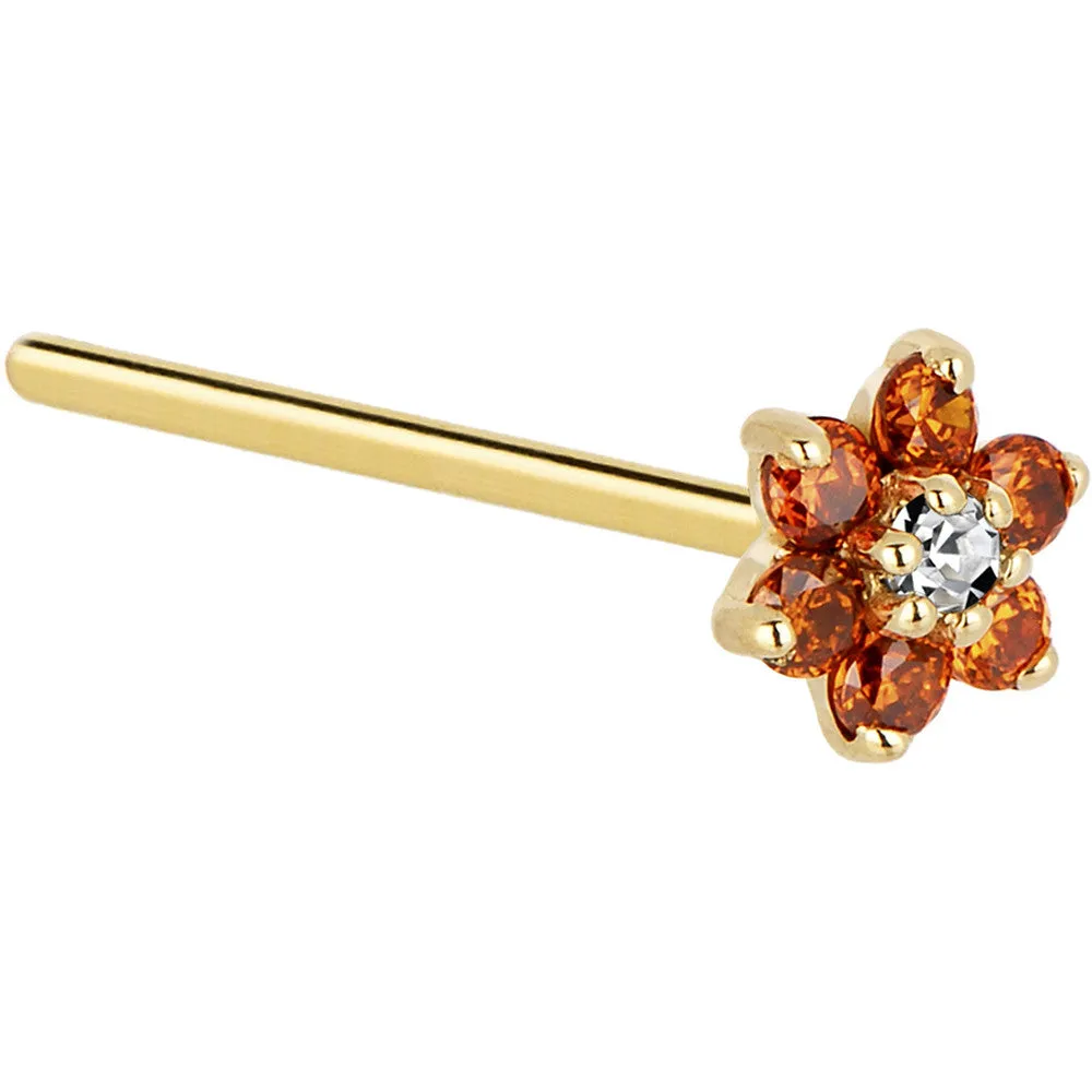 Solid 14KT Yellow Gold Orange and Clear Cubic Zirconia Flower Nose Ring