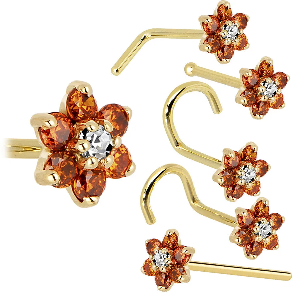 Solid 14KT Yellow Gold Orange and Clear Cubic Zirconia Flower Nose Ring