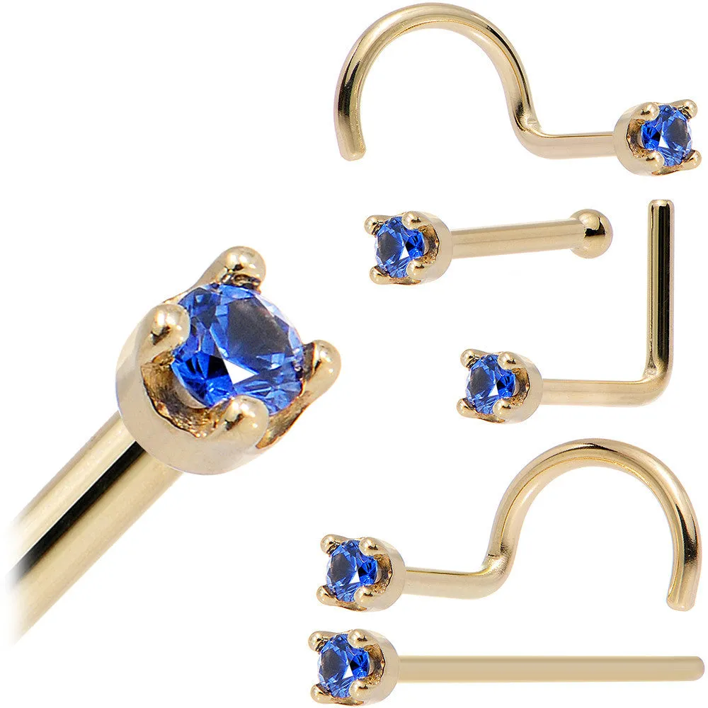 Solid 14KT Yellow Gold (September) 1.5mm Genuine Blue Sapphire Nose Stud Ring
