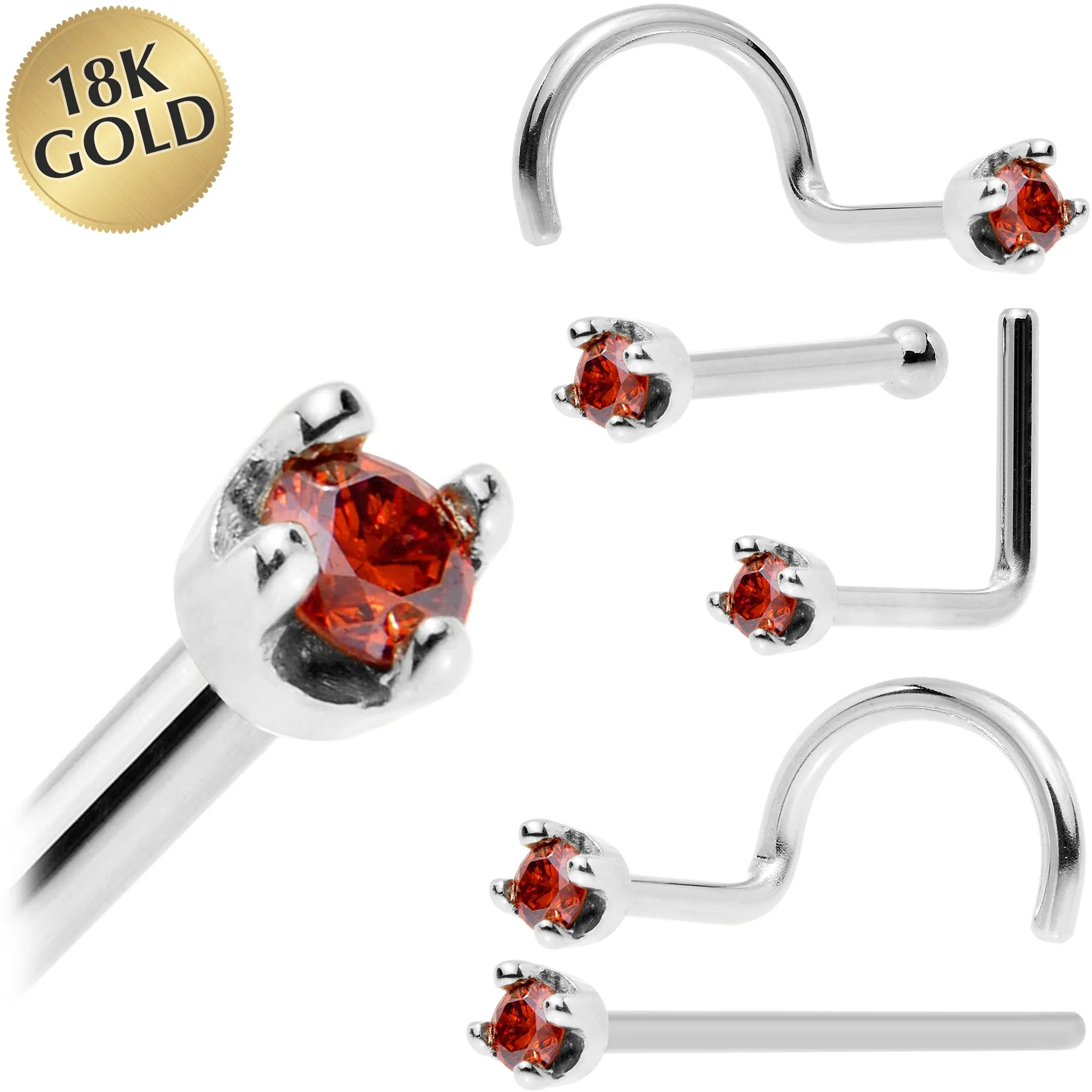 Solid 18KT White Gold 1.5mm Genuine Red Diamond Nose Ring