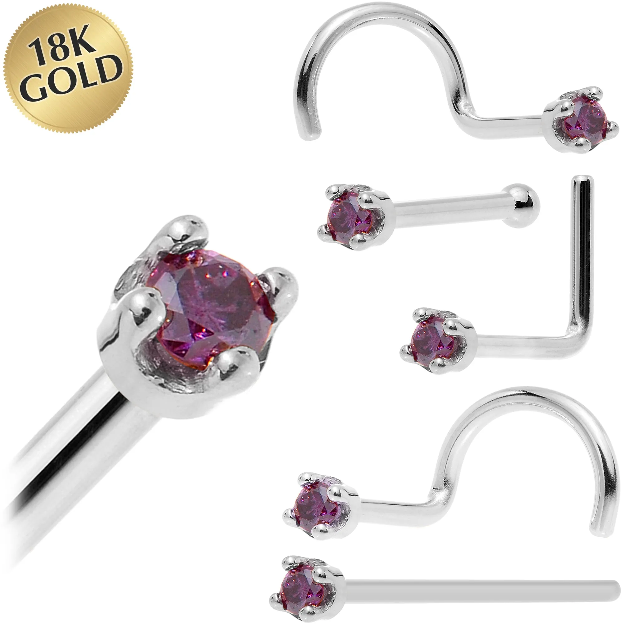 Solid 18KT White Gold (Februray) 1.5mm Genuine Purple Diamond Nose Ring