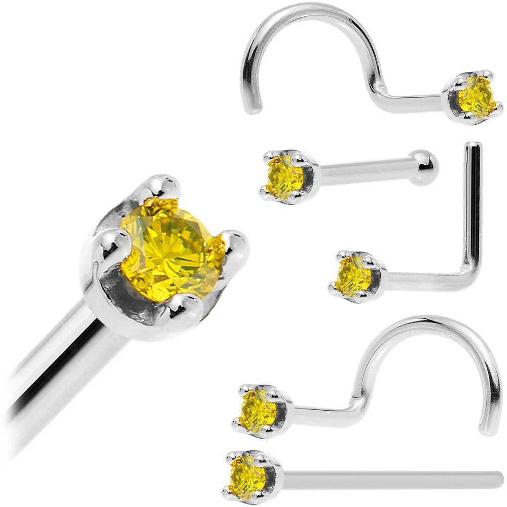 Solid 18KT White Gold (November) 1.5mm Genuine Yellow Diamond Nose Ring
