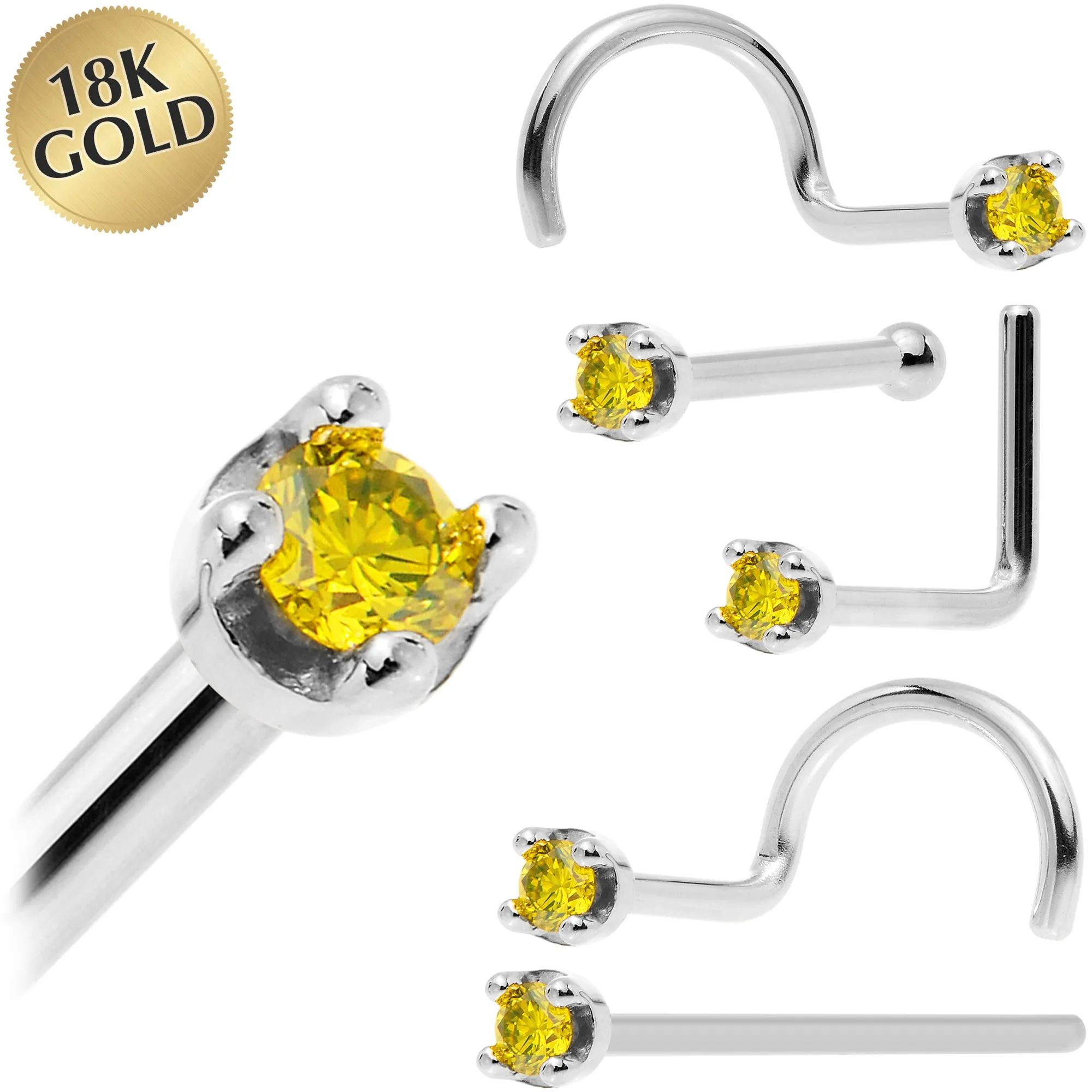 Solid 18KT White Gold (November) 1.5mm Genuine Yellow Diamond Nose Ring