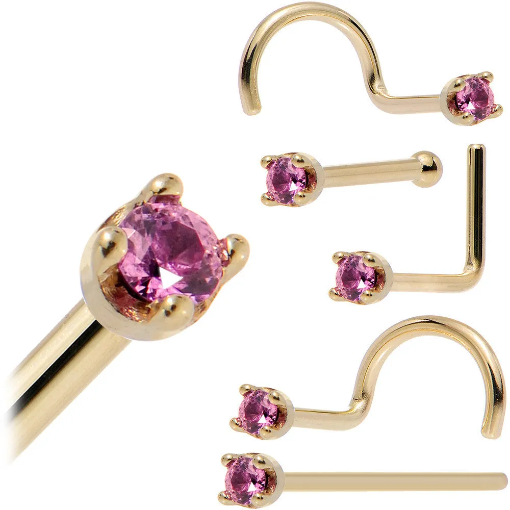 Solid 18KT Yellow Gold 1.5mm Genuine Pink Sapphire Nose Ring