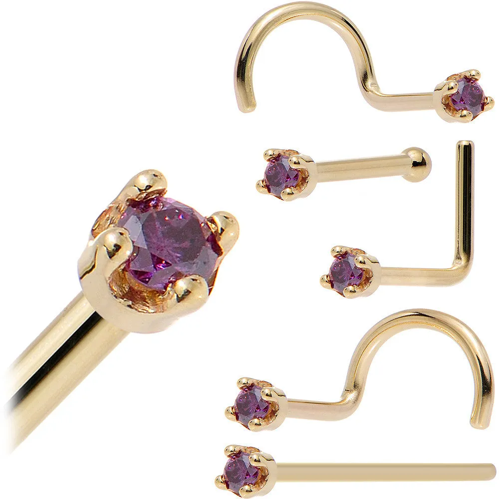 Solid 18KT Yellow Gold (Februray) 1.5mm Genuine Purple Diamond Nose Ring
