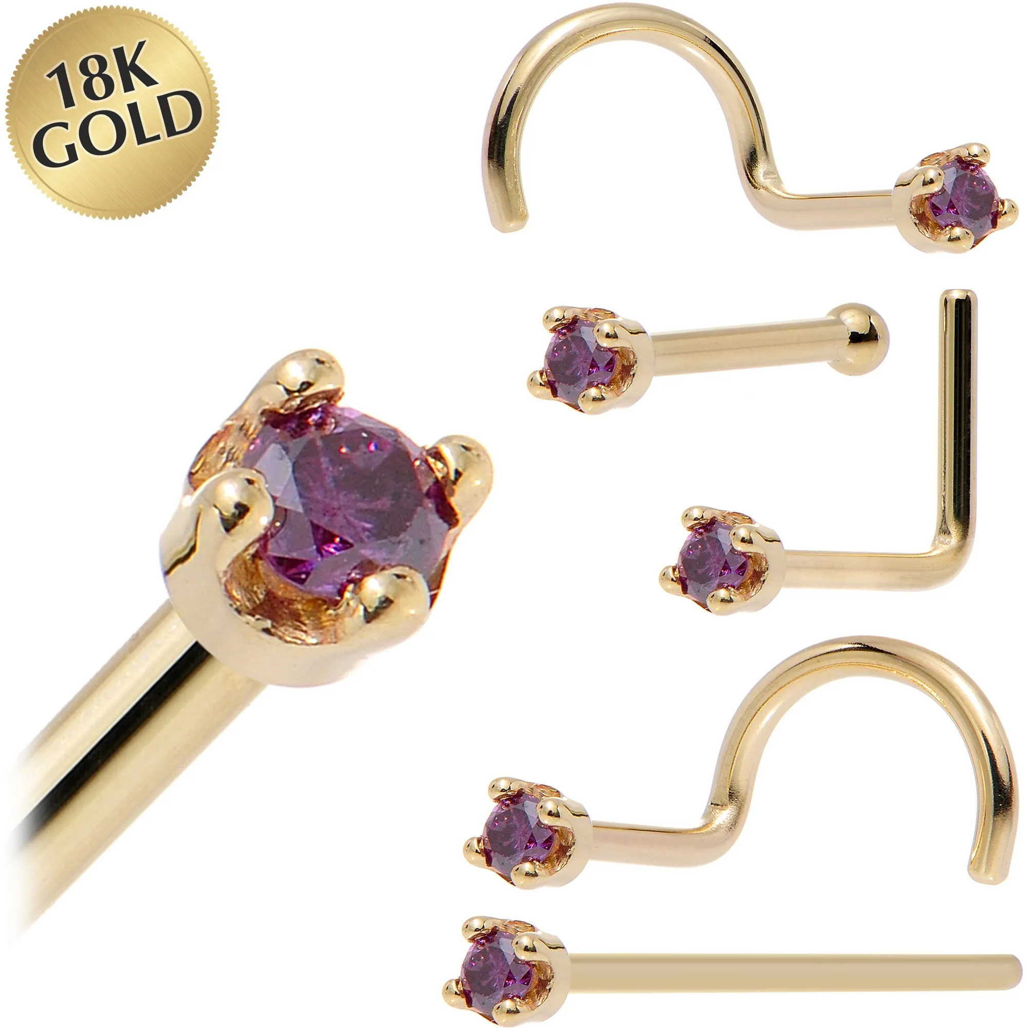 Solid 18KT Yellow Gold (Februray) 1.5mm Genuine Purple Diamond Nose Ring