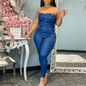 Solid Off Shoulder Button Detailed Denim Jumpsuit