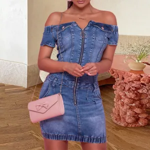 Solid Off Shoulder Zipper Design Denim Bodycon Dress