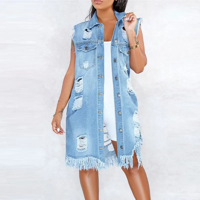 Solid Sleeveless Cut Out Fringe Hem Denim Coat
