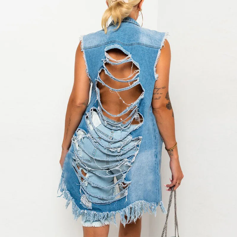 Solid Sleeveless Cut Out Fringe Hem Denim Coat