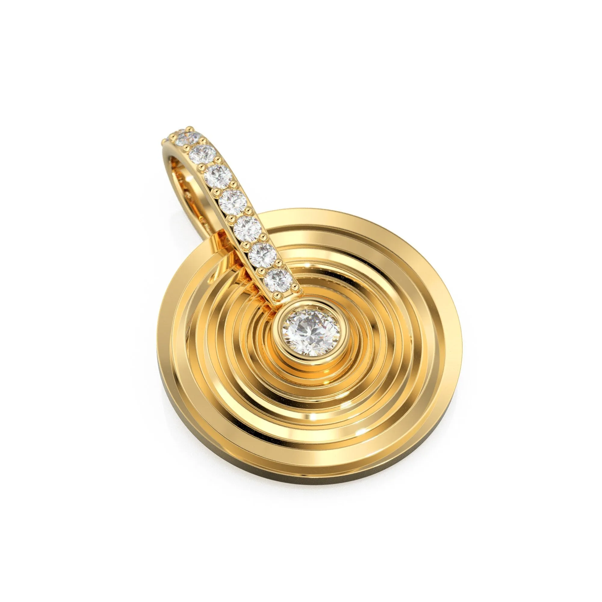 Spiral Gold Diamonds Disc Pendant / Natural Diamond Handmade Gold Coin Charm / 14k Solid Yellow Gold Circle Handmade Shimmer Necklace