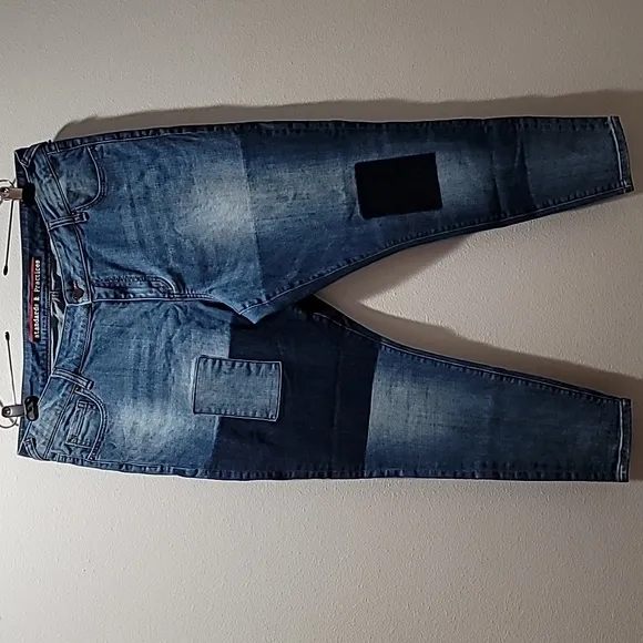 STANDARDS &amp; PRACTICES PATCHWORK TWO TONE DENIM SKINNY LEG BLUE JEANS WOMENS 18