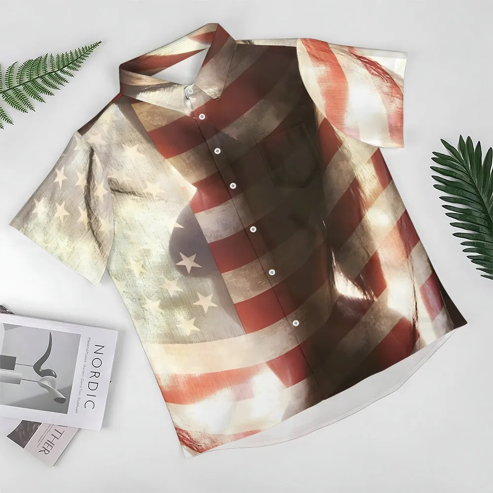 Stars and Stripes Girls Reflection Print Casual Large Size Short Sleeve Shirt 2407000553