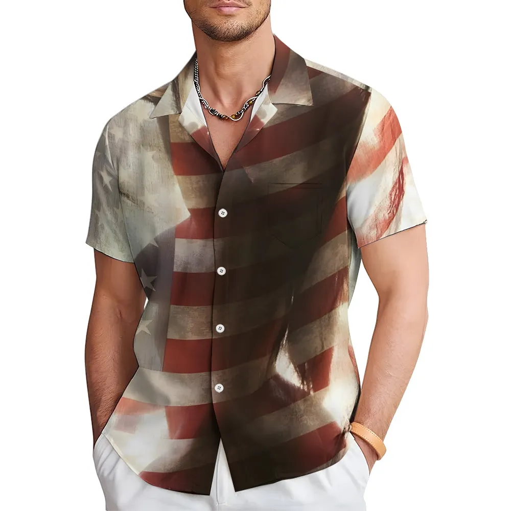 Stars and Stripes Girls Reflection Print Casual Large Size Short Sleeve Shirt 2407000553