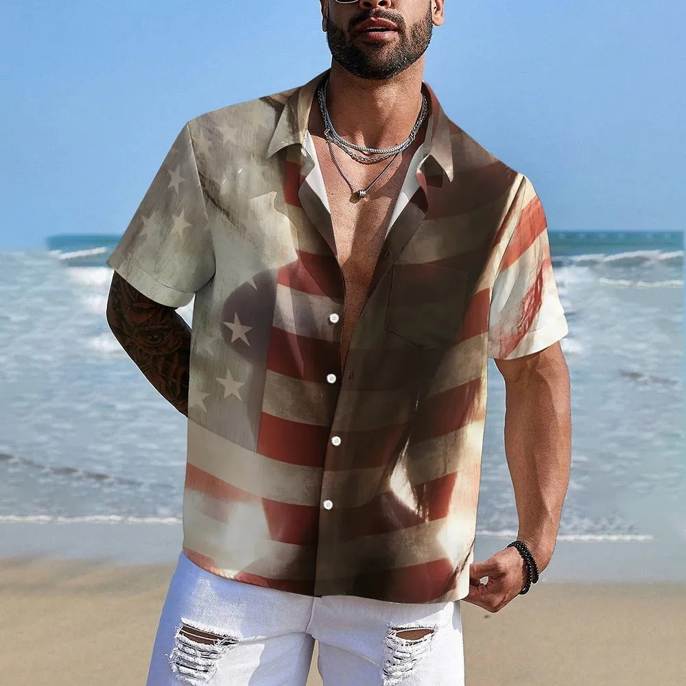 Stars and Stripes Girls Reflection Print Casual Large Size Short Sleeve Shirt 2407000553