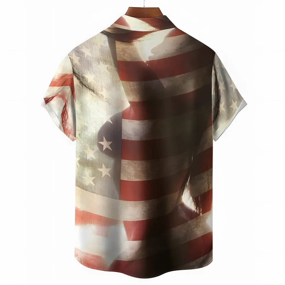 Stars and Stripes Girls Reflection Print Casual Large Size Short Sleeve Shirt 2407000553