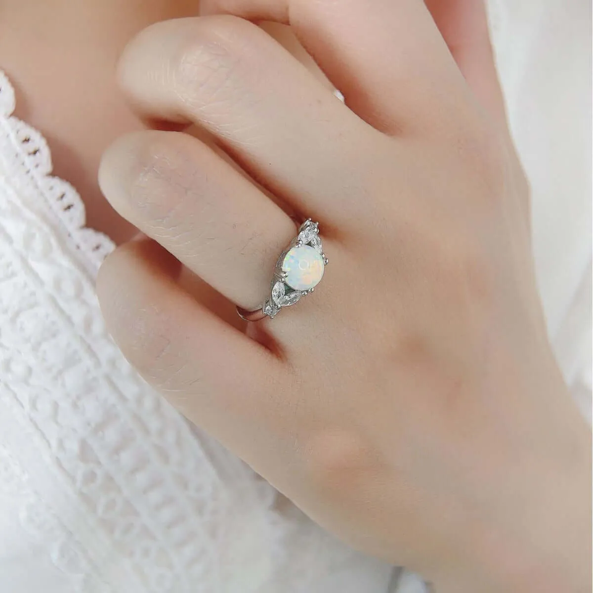 Sterling Silver Roud Lab-Created Opal Ring for Women