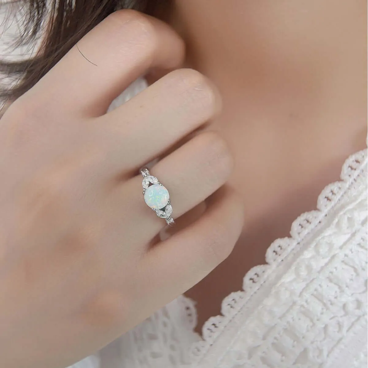 Sterling Silver Roud Lab-Created Opal Ring for Women
