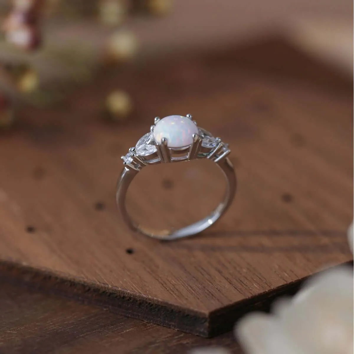 Sterling Silver Roud Lab-Created Opal Ring for Women