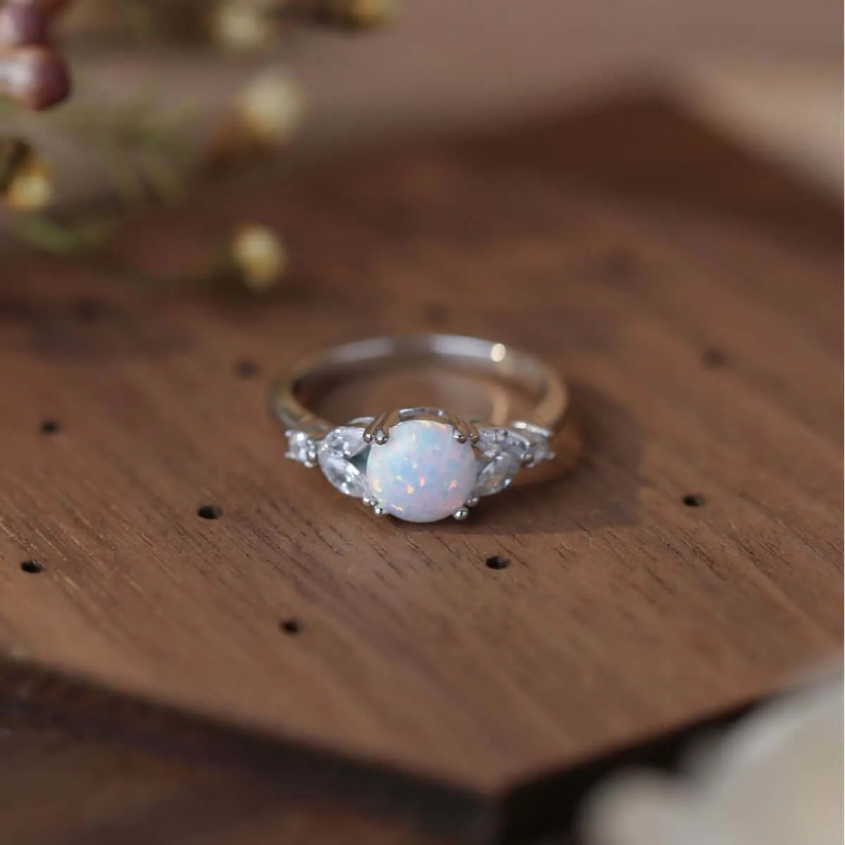 Sterling Silver Roud Lab-Created Opal Ring for Women
