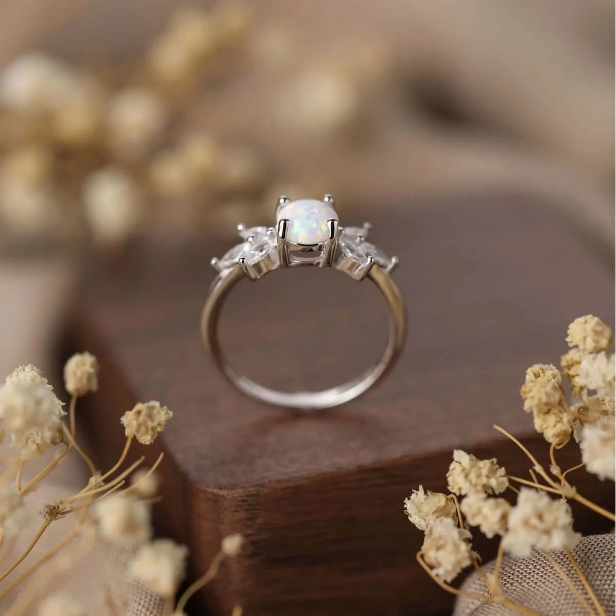 Sterling Silver S925 Light Luxury Opal and Marquise Simulated Crystal Ring