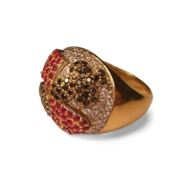 Stunning Designer 18K Yellow Gold Rubies Black Diamonds Poker Casino BlackJack Ring