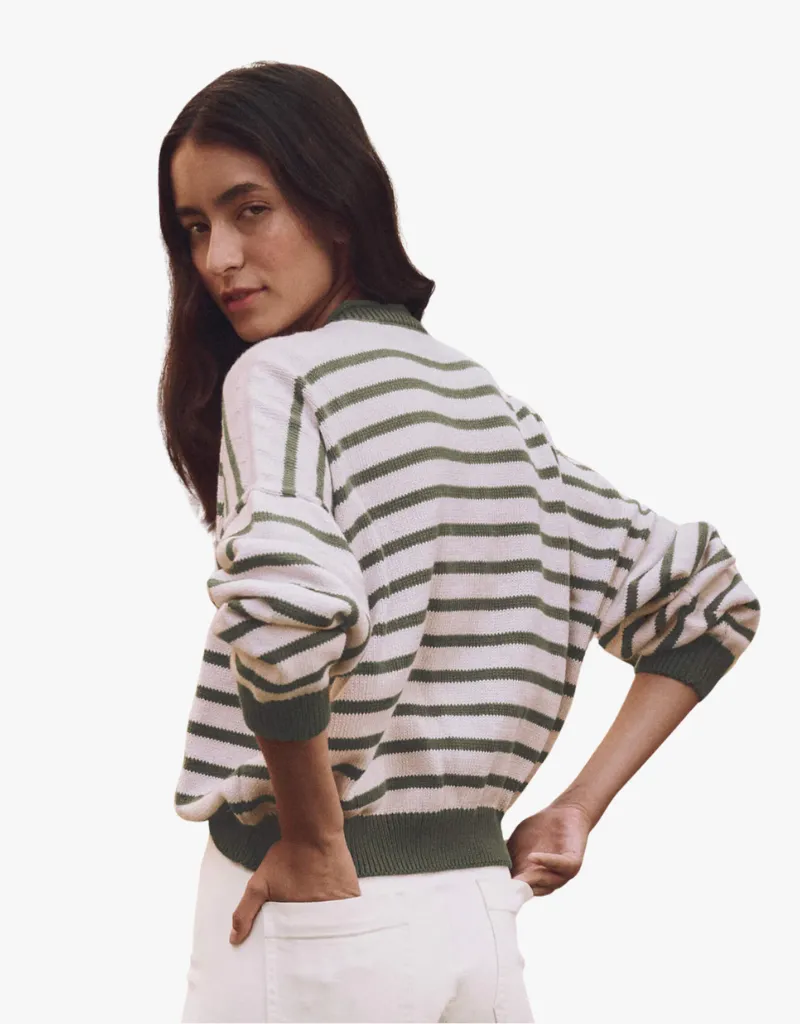 The Great The Roll Neck Pullover Sweater in Olive & Cream Stripe