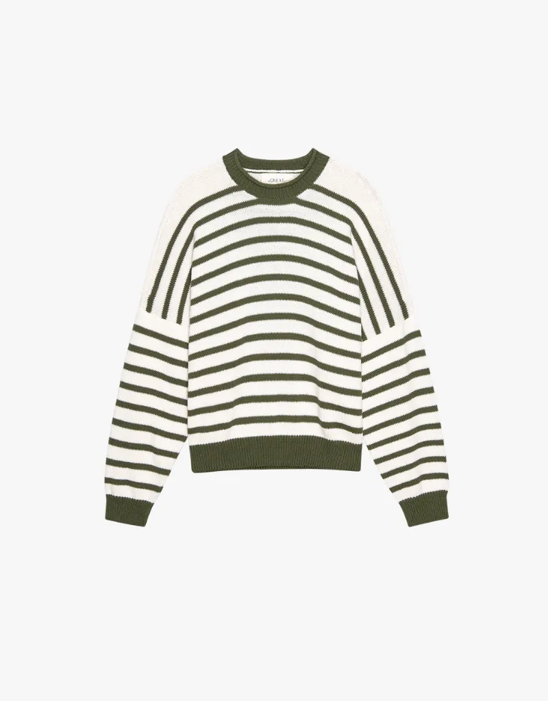 The Great The Roll Neck Pullover Sweater in Olive & Cream Stripe