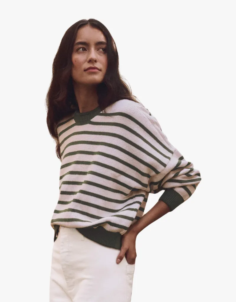 The Great The Roll Neck Pullover Sweater in Olive & Cream Stripe