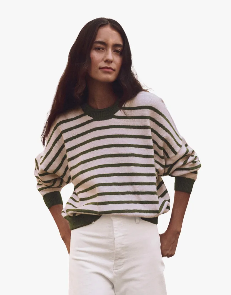 The Great The Roll Neck Pullover Sweater in Olive & Cream Stripe