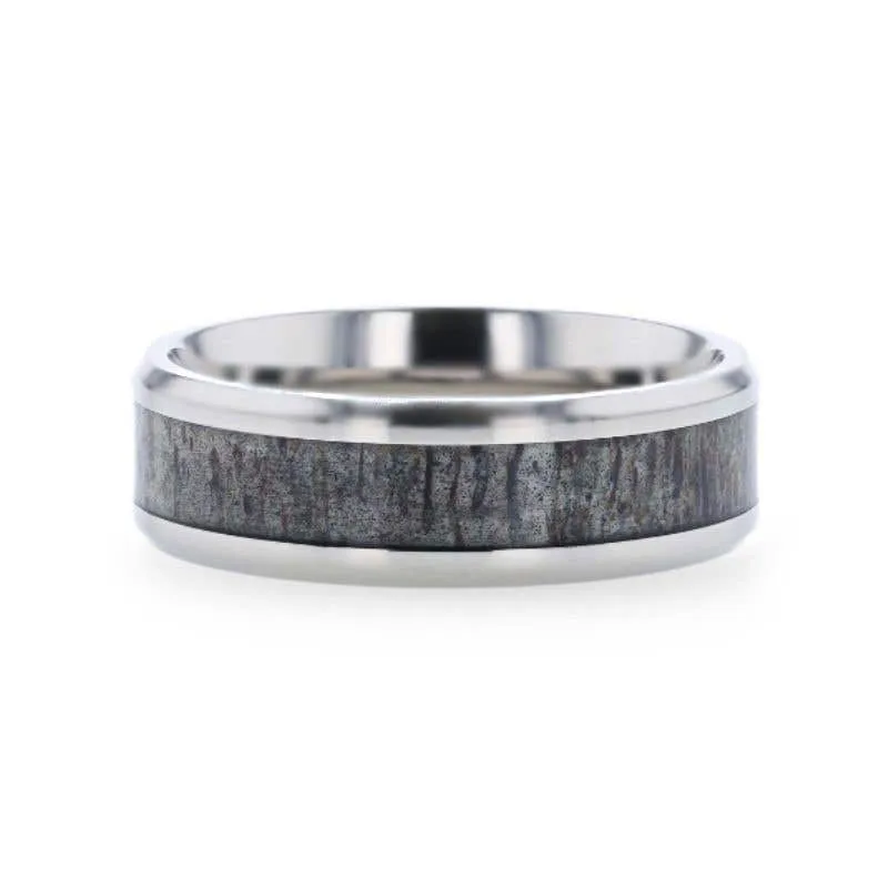 Thorsten MELANISTIC Dark Deer Antler Inlaid Titanium Flat Polished Finish Men's Wedding Band With Beveled Edges - 8mm