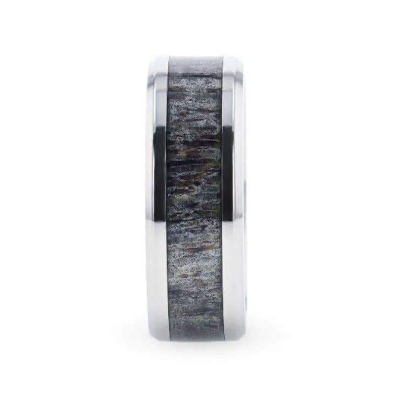 Thorsten MELANISTIC Dark Deer Antler Inlaid Titanium Flat Polished Finish Men's Wedding Band With Beveled Edges - 8mm