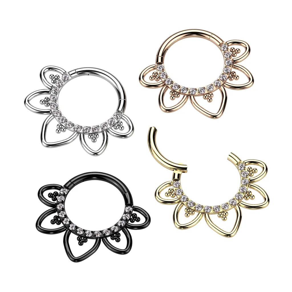 Titanium Hinged Segment Hoop Ring Hearts CZ For Nose Septum Cartilage