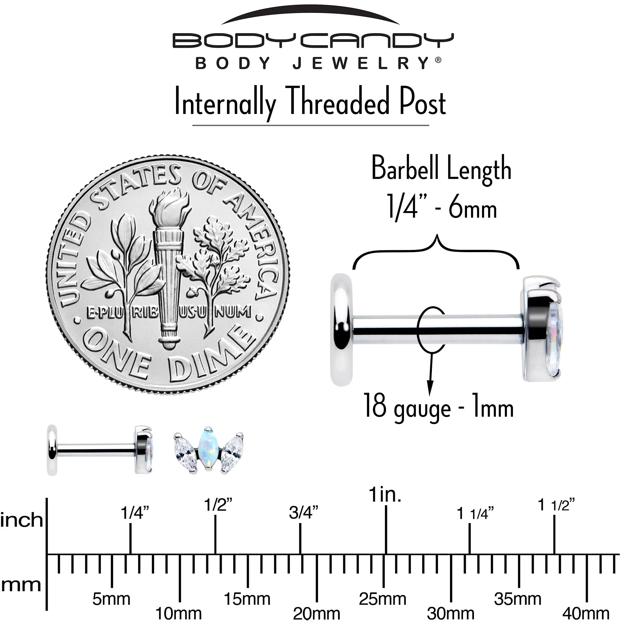Titanium Internally Threaded Flat Back Stud - 18 Gauge Fancy CZ Opal