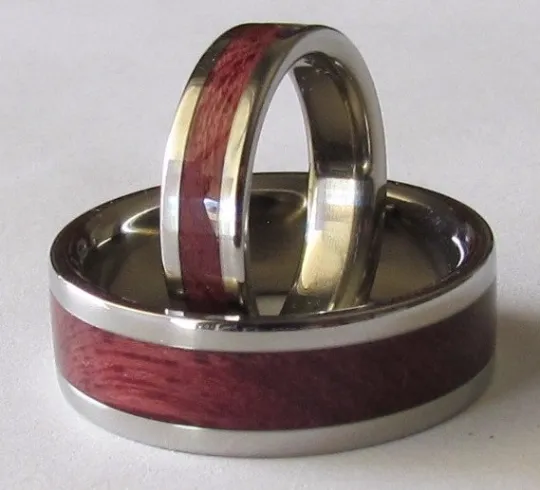 Titanium Wood Band Inlaid Exotic PURPLE HEART WOOD Custom Made Wedding Bands Set Available Sizes 4-18