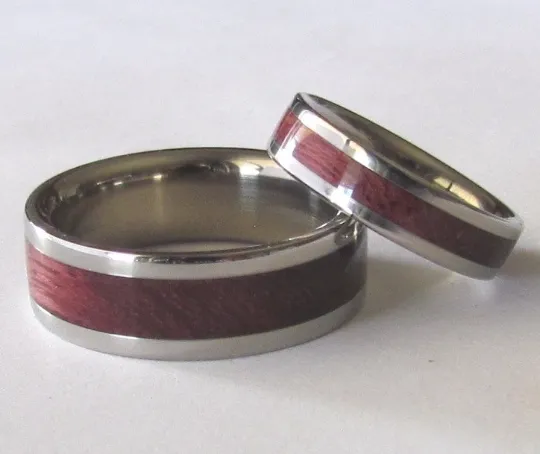 Titanium Wood Band Inlaid Exotic PURPLE HEART WOOD Custom Made Wedding Bands Set Available Sizes 4-18