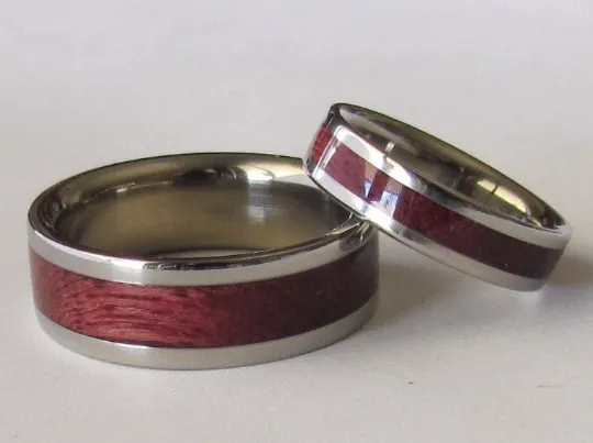 Titanium Wood Band Inlaid Exotic PURPLE HEART WOOD Custom Made Wedding Bands Set Available Sizes 4-18