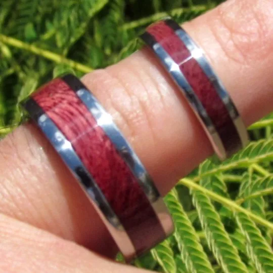 Titanium Wood Band Inlaid Exotic PURPLE HEART WOOD Custom Made Wedding Bands Set Available Sizes 4-18
