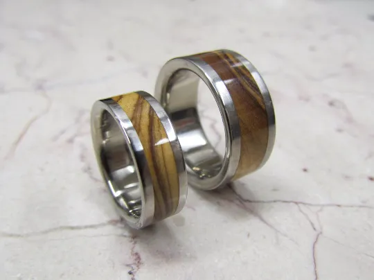 Titanium Wooden Wedding Bands Set of TWO Custom Made Rings Inlaid Bethlehem Olive Wood From The Holy Land Exotic Wood Available in size 4-17